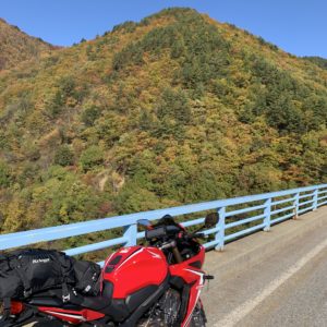 大町アルペンライン手前の山の紅葉が間近に迫る橋の上にて