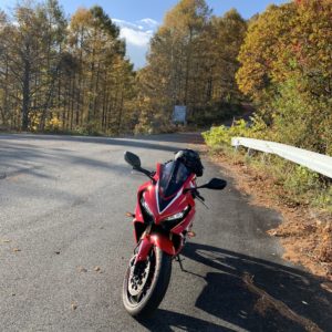 紅葉手前の薄茶色の風景に囲まれたCBR650R＠霊峰ライン
