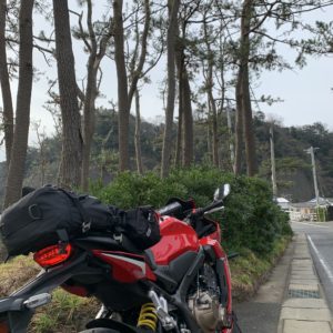 大六海水浴場の先の木立とCBR650R