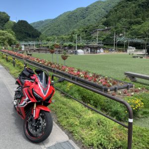 水上駅手前の花々と共にwith CBR650R