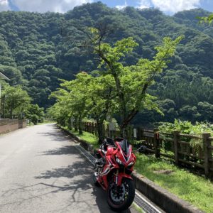 赤谷湖沿いの緑の木々とCBR650R