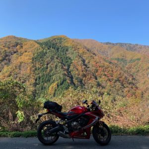 蛇洞林道の視界が開けたポイントでの秋色の山々とCBR650R