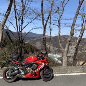 城峯公園から CBR650R越しに神流湖を眺める