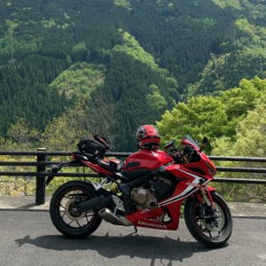 奥秩父もみじ湖を高台から眺める滝ノ沢望郷広場の新緑とCBR650R