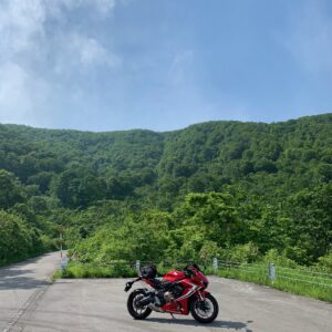 関田峠の信州側の燃えるような緑の風景with CBR650R