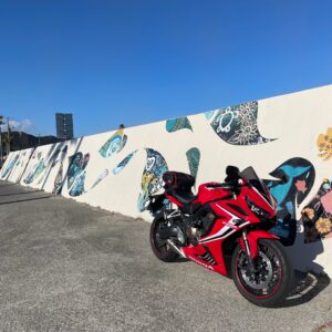 トロピカルな雰囲気のフィッシャリーナ鴨川近くの鴨川ウォールアートにてwith CBR650R