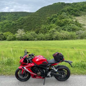 嵐山渓谷手前の気持ち良い新緑の風景にてwith CBR650R