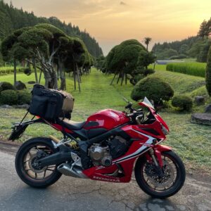 洞瀧山 総光寺の仁王門に続くきのこ杉にてwith CBR650R