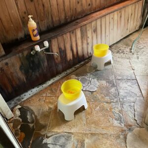 塩原元湯温泉・大出館の貸切「藤の湯」のシャワーのない温泉風景