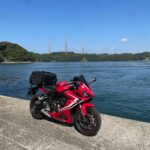 西彼町伊ノ浦郷の海際から針尾送信所三号無線塔を眺めるwith CBR650R